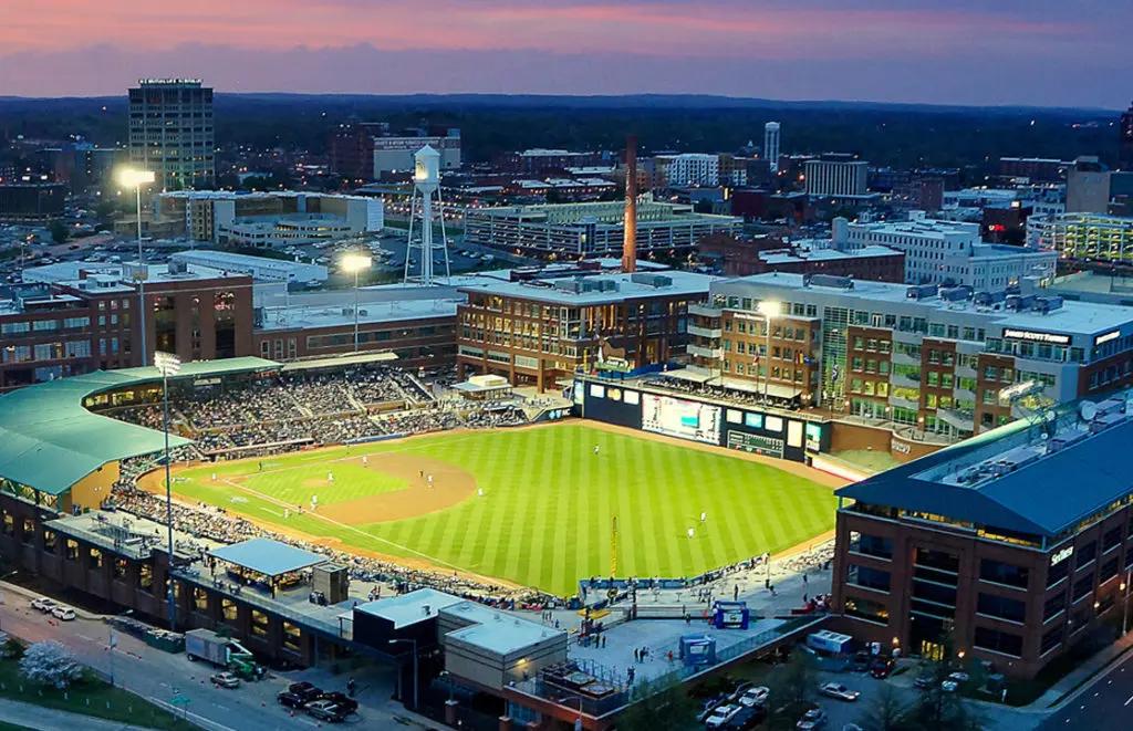 Durham Bulls Athletic Park at dusk